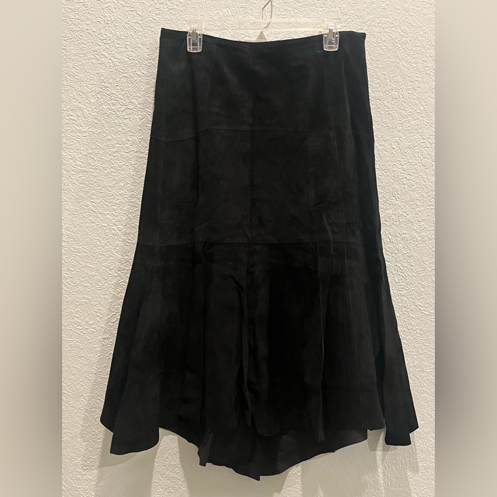 CABI Black Suede Raw Edge Hem Leather Mermaid High-Low Midi Skirt EUC Size 8